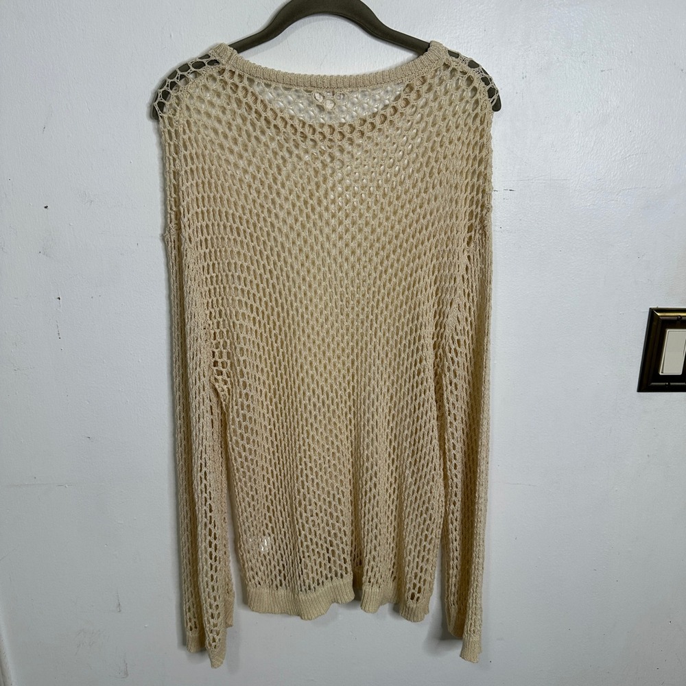 Cream Open Knit Crochet Fishnet Sweater Long Sleeve Boho Mesh Top L Fisherman